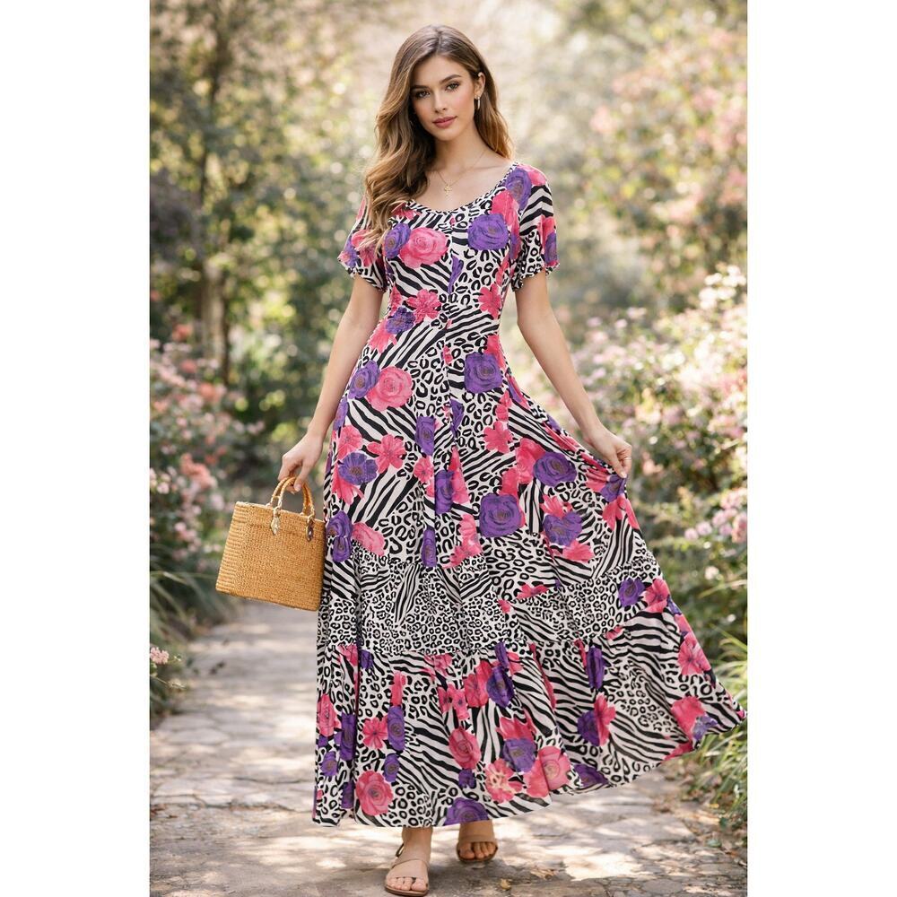 VTG Floral Animal Print Maxi Dress L Short Sleeve Zebra Leopard Pink Purple Boho